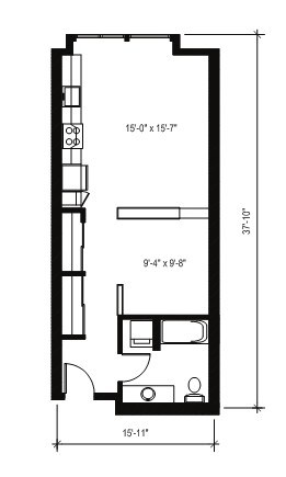 A floor plan drawing of a room with dimensions and furniture layout.